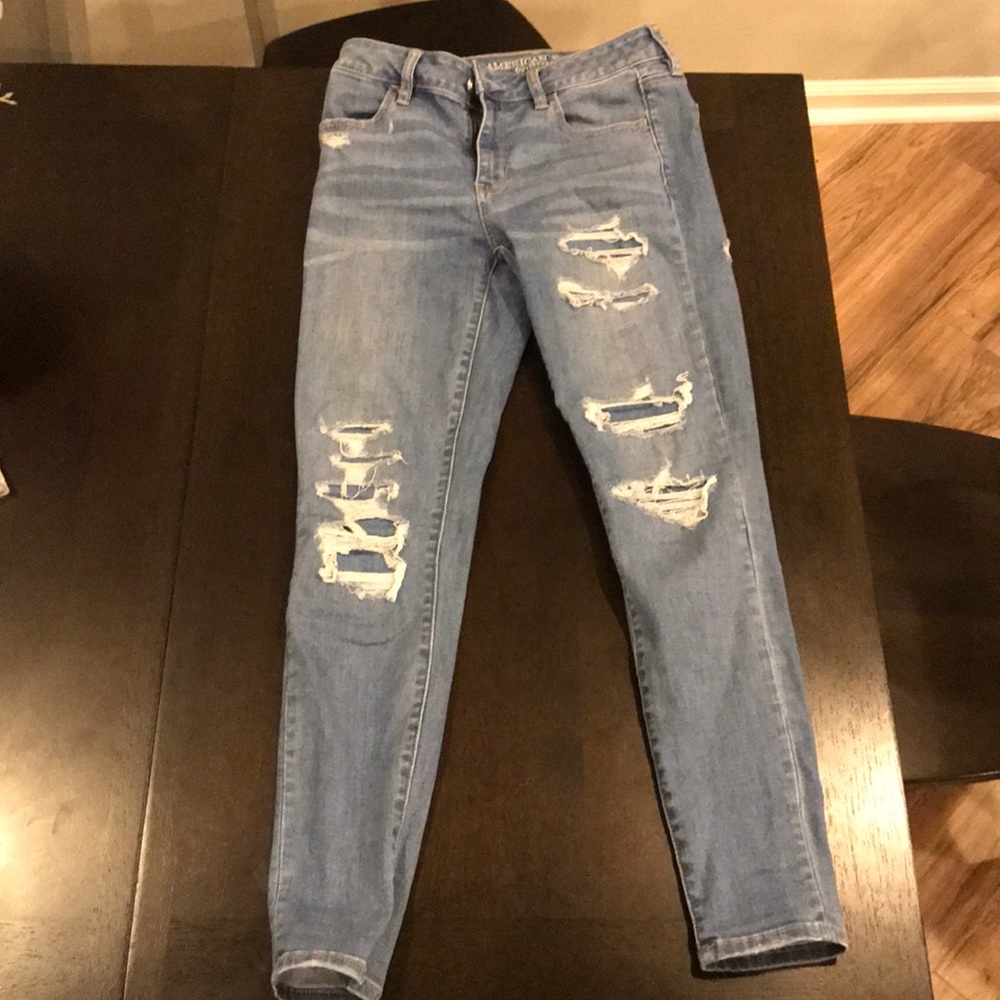 American Eagle ripped super stretch blue jeggings